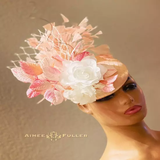 Kentucky Derby Fascinator Pink Satin Ivory White Rose Hat Royal Ascot Bridal Hat