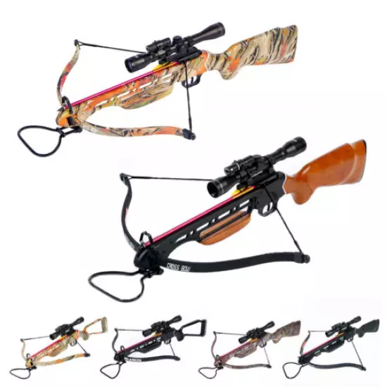 150 lb Black / Wood / Camo Hunting Crossbow Bow +4x20 Scope +7 Arrows 180 80 50