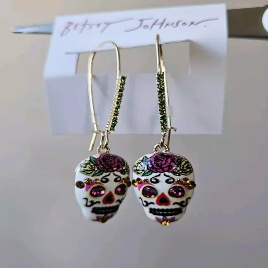 Betsey Johnson Stone Sugar Skull Dangle Earrings.