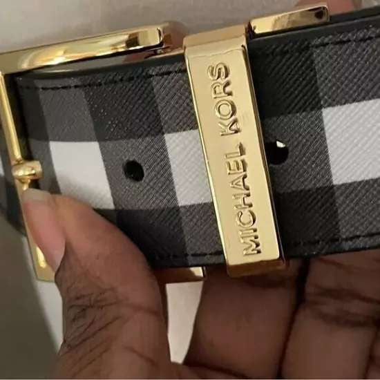 Michael Kors Women MK Signed Belt Gingham Check Black And White With Gold Buckle