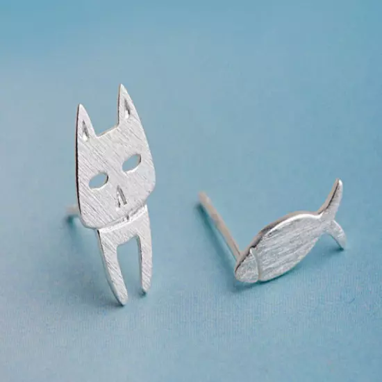 S925 Sterling Silver Stud Earrings Fashion Detachable Cat Fish Pin Studs Cute Co