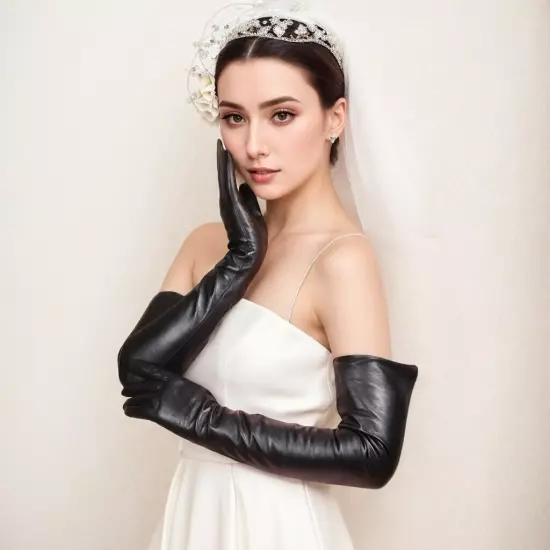 Women Opera 58cm(22.8") Sheep Leather Black Gloves Wedding party Long Gloves