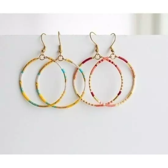 2 pairs Seed Bead Boho Hoop Earrings Colorful beaded Hoops Lightweight