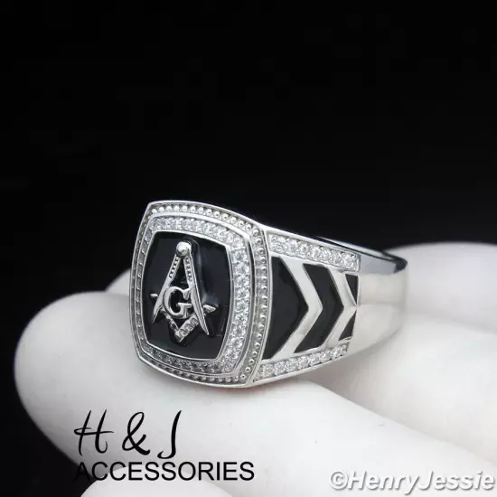 MEN SOLID 925 STERLING SILVER ICY BLING CZ MASTER MASON SQAURE RING*ASR214