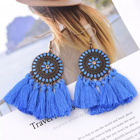 Fashion Women Bohemian Earrings Long Tassel Fringe Drop Dangle Ear Stud Jewelry