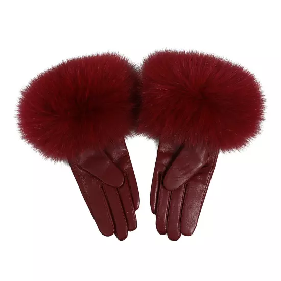 Women Genuine Lambskin Leather Gloves With Real Fox Fur Trim Cuff Winter Warm