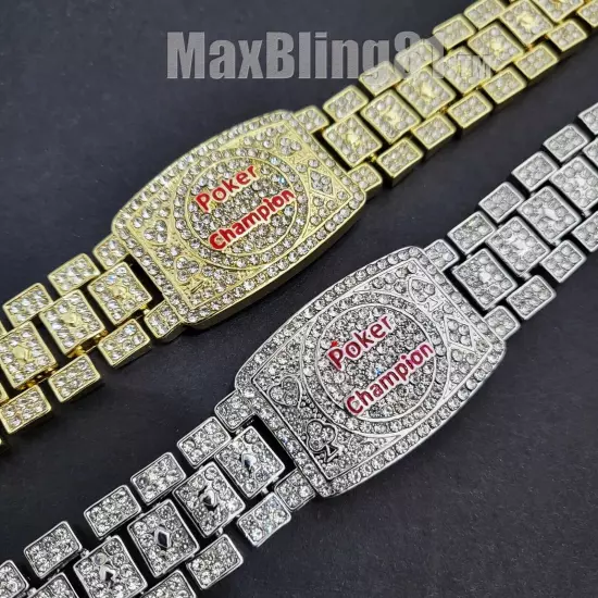 POKER CHAMPION BRACELET GOLD SILVER PLATED ALLOY CUBIC ZIRCONIA ICY ICED HIP HOP