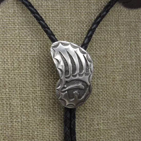 Navajo Sterling Silver Etched Bear Paw Bolo Tie By Kenneth Jones