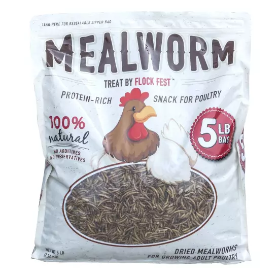 Flock Fest Dried Mealworms for Chickens, Wild Birds, Ducks, and Small Pets, 5 lb