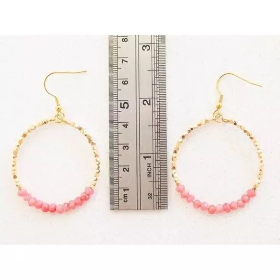 Red Jade Pink Sparkly Gold Beaded Earring Gemstone dangle hoops vacation jewelry