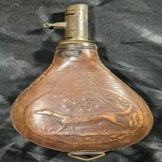 Antique Leather Powder AM Flask & Cap co. Hunting Dog Brass Nozzle Civil War Era