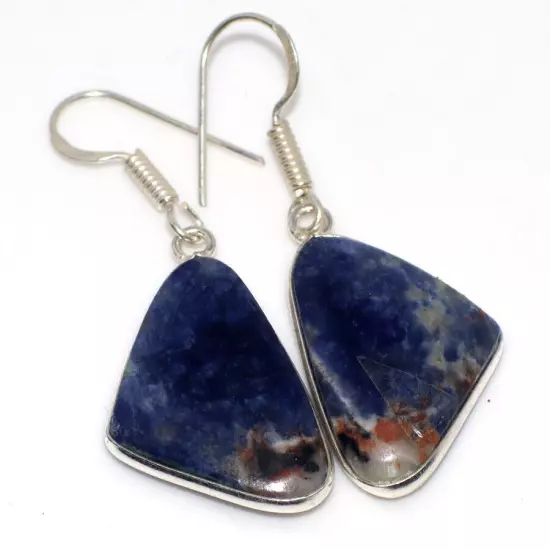 925 Silver Plated Sodalite Ethnic Earrings Handmade Jewelry Size 1.7" JW