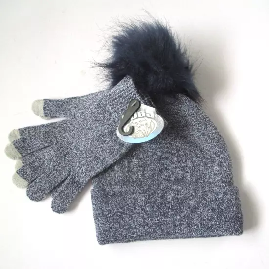 Pugs Knit Hat Glove Set Cuffed Beanie Pom NAVY One Size NWT