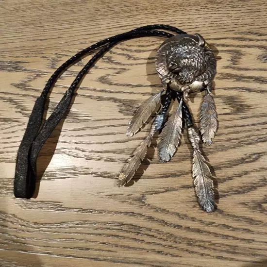 Stan Bentall Navajo Sterling Silver Buffalo Head Black Leather Bolo Tie