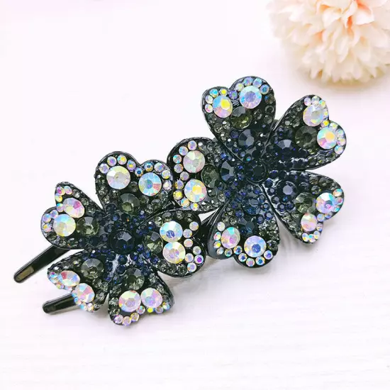 Ladies Rhinestone Double Flower Hair Clip Barrettes Crystal Comb Large Catch 1x-