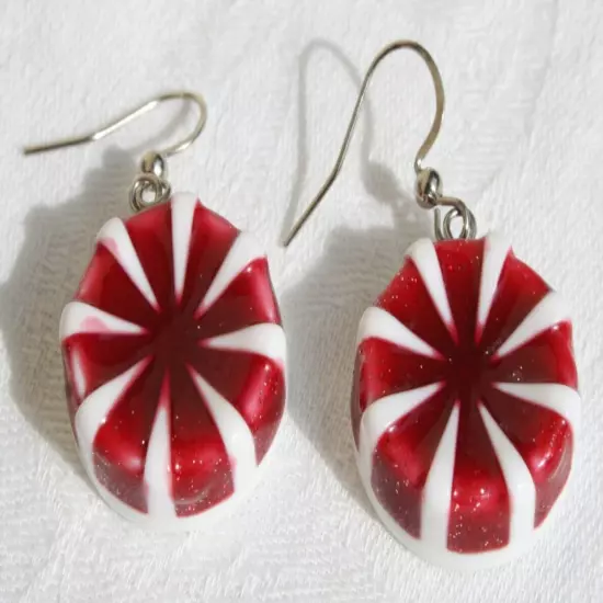 vtg Earrings Christmas Peppermint Candy pierced white red hook Drop Dangle