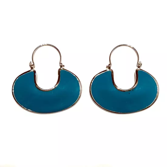 Vintage Teal Blue Silver Tone Dangling Hoop Earrings Oval Statement Hoop Colour