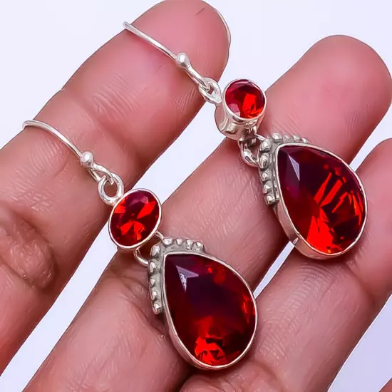 Red Garnet & Red Garnet Designer Handmade 925 Sterling Silver Earring 1.72" E34