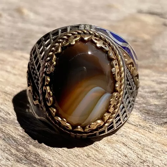 New sultani 925 Sterling Silver men ring natural yemeni sultani agate aqeeq جزع