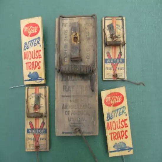 Vintage Collection of 5 Wooden Snap Rat & Mouse Traps All Working McGill Victor