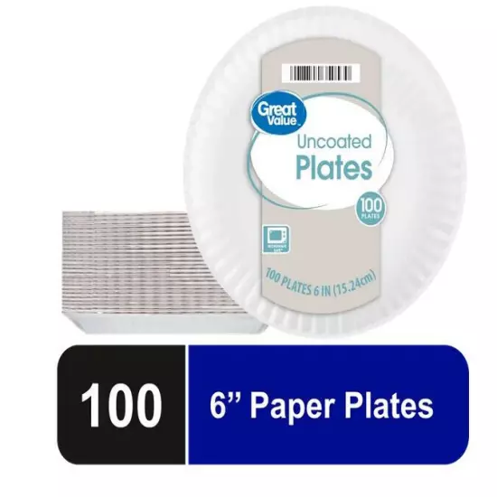 Great Value Uncoated, Microwave Safe, Disposable Paper Plates, 6 in, White, 100