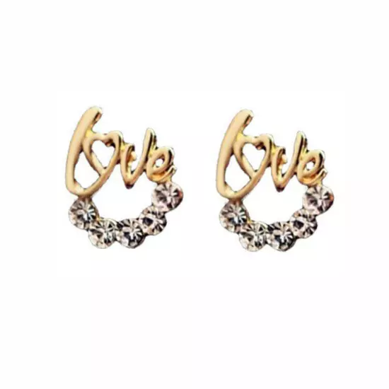 Fashion 18k Gold Plated Crystal Love Letter Stud Earrings Jewellery Womens Girls