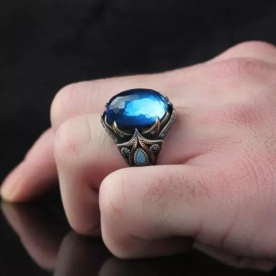 Aqua Marine Stone 925 Sterling Silver Men's Ring Men's Jewelry Silver Ring