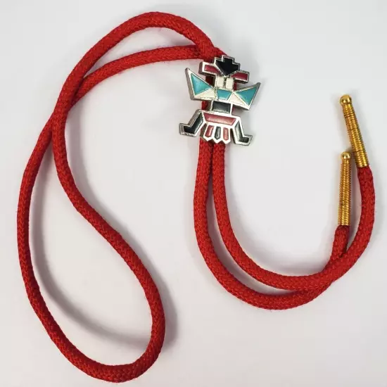 Vintage Bolo Tie Kachina Doll Enamel Inlay Slide Red Cord