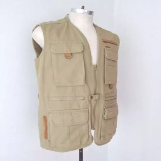 Orvis khaki canvas long hunting shooting zip vest 100% cotton M