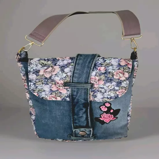 Embroidery Jeans Crossbody Bag Handmade Denim Messenger Purse One Of The Kind 