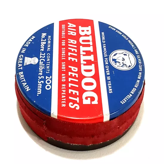 NOS Vintage Sealed Tin Bulldog Air Rifle Pellets 200 No.2 Bore .22 Great Britain