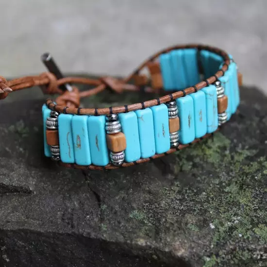 Men's Turquoise and Tiger Jasper Beaded Brown Leather Cuff Bracelet handmade USA