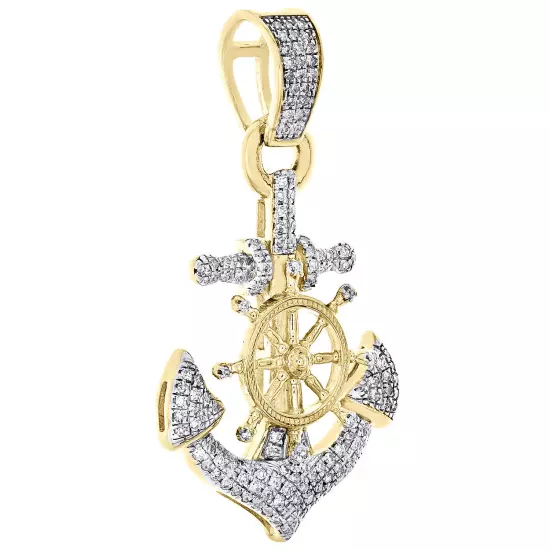 10K Yellow Gold Diamond Anchor Ship Steering Wheel Pendant 1.35" Charm 3/10 CT.