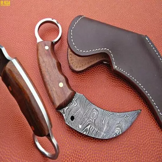 8" Custom Handmade Damascus Steel KARAMBIT Hunting Knife With Rose Wood Handel.