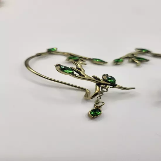 Ear Cuffs Gold Tone Green Stone Dangle Tree Plant Vine Design 