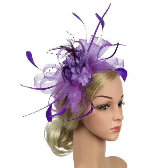 Women Fascinator Feather Hat Flower Hair Clip Church Wedding Party Headwear Clip