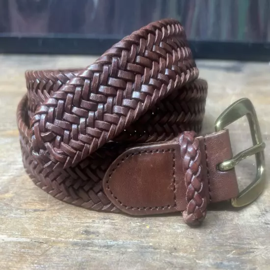 Vintage POLO Ralph Lauren 44 Brown Leather Woven Braided Belt Brass Men’s