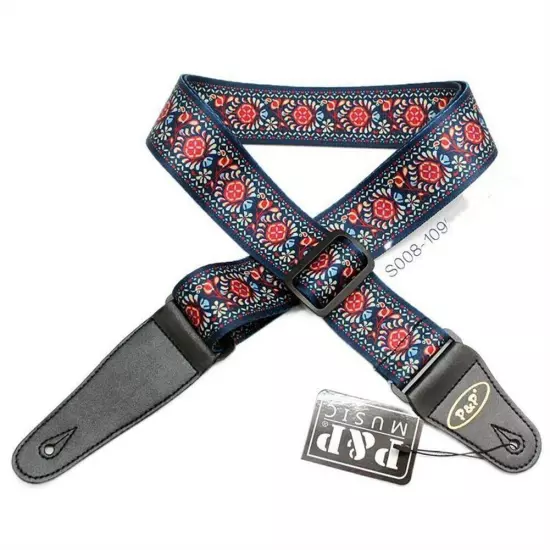 Guitar Bass Belt Embroidered Guitar Strap Leather End for Bass/Acoustic/Electric