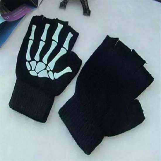 Gothic Knitted Black with White Skeleton Bones Fingerless Gloves... Punk U5U6