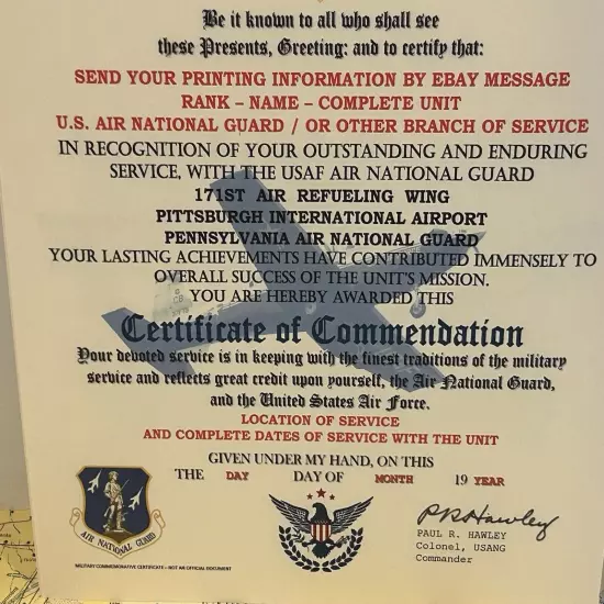 AIR NATIONAL GUARD - PA / 171ST AIR REFUELING WING~CERTIFICATE OF COMMENDATION