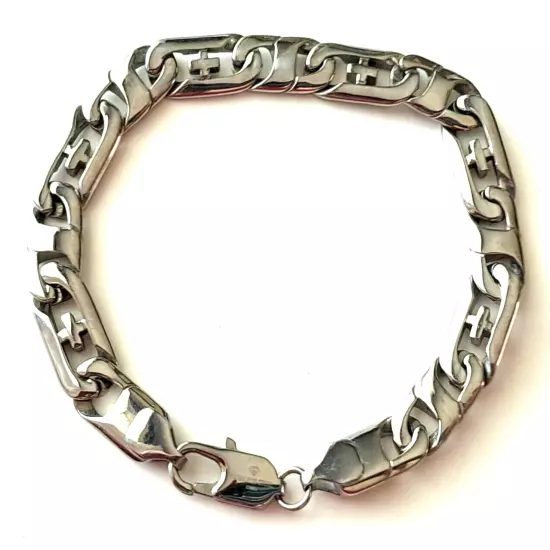 MENS Stainless Steel Cross Links Flat Byzantine Box Link Chain Bracelet 8.5"