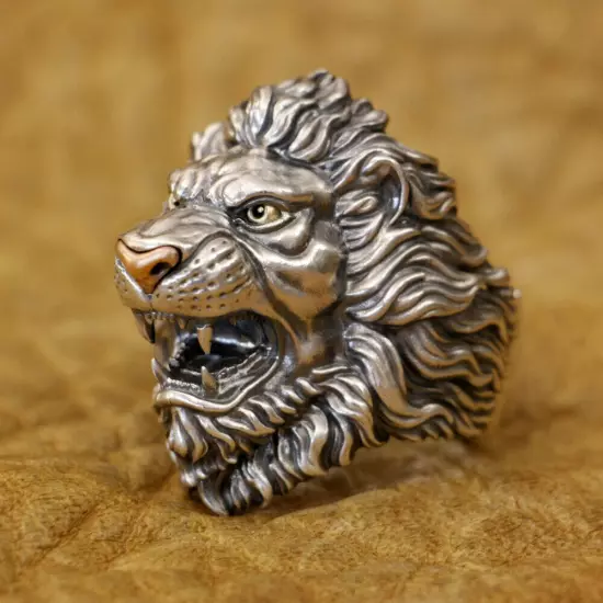 Brass Eyes Copper Nose 925 Sterling Silver King of Lion Ring TA432A US 12