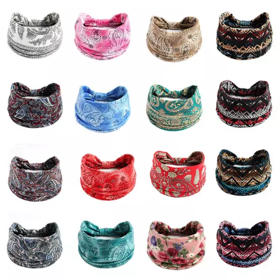 Women Boho Flower Print Wide Headband Vintage Knot Elastic Turban Headwrap *