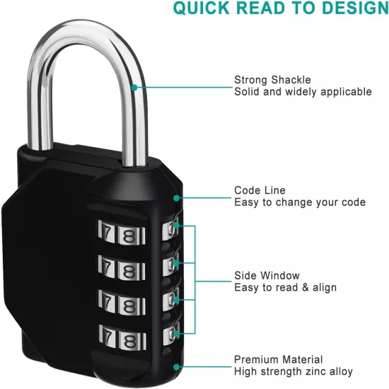 Lock, 4 Digit Combination Padlock Outdoor, School Lock, Gym Lock and Black Lock