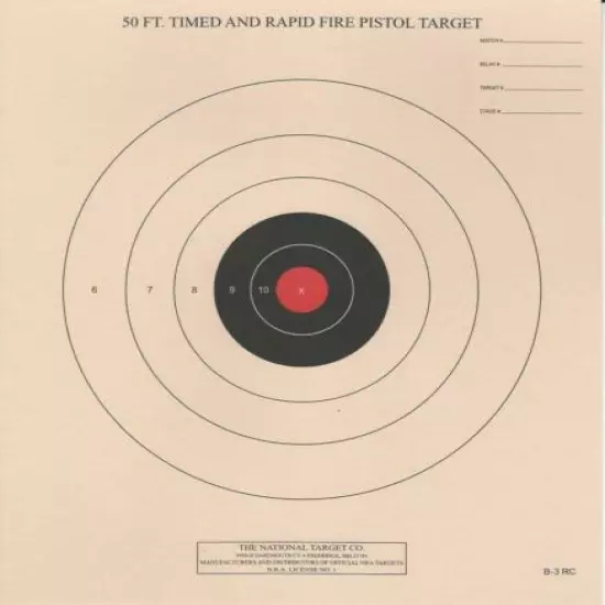 B-3 w/Red Center [B3(RC] 50 Foot Timed & Rapid Fire Pistol Target (100) Tagboard