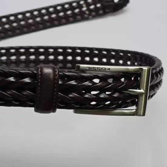 FOSSIL Vintage Men's 34 Brown Leather Western Dress Braided Belt Silver Buckle