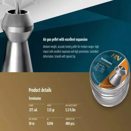 H&N Sport Terminator Hollowpoint .177 cal Airgun Pellets 7.25 grains 400 Count