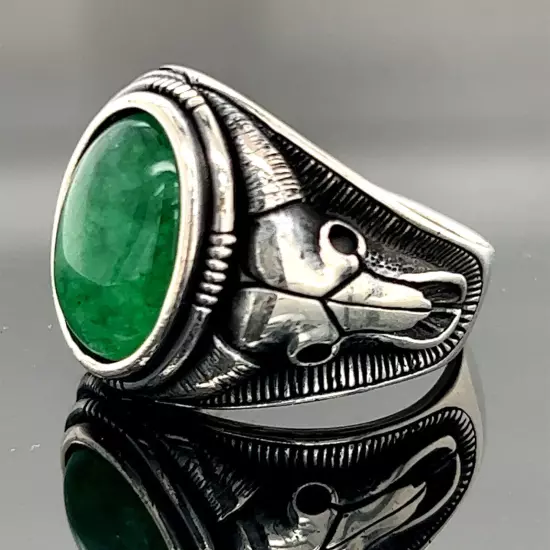 Man Green Jade Stone Ring , Silver Bull Head Ring , Handmade Silver Animal Ring