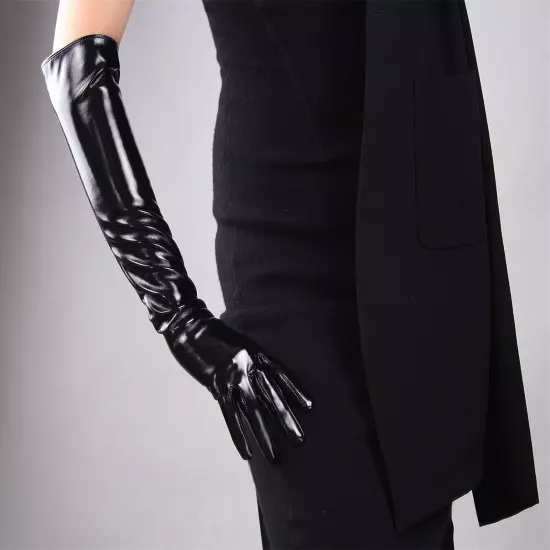 LATEX GLOVES Shine Leather Faux Patent Vegan PU 8" 21cm Short Basic Shine Black