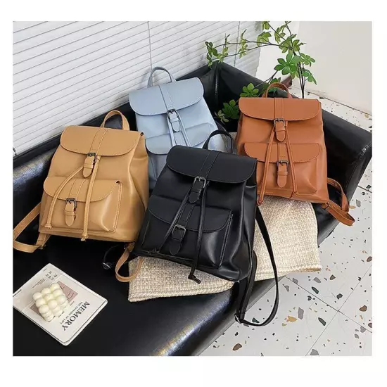 Women Drawstring Backpack PU Leather School Bags Belt Backpacks Ladies